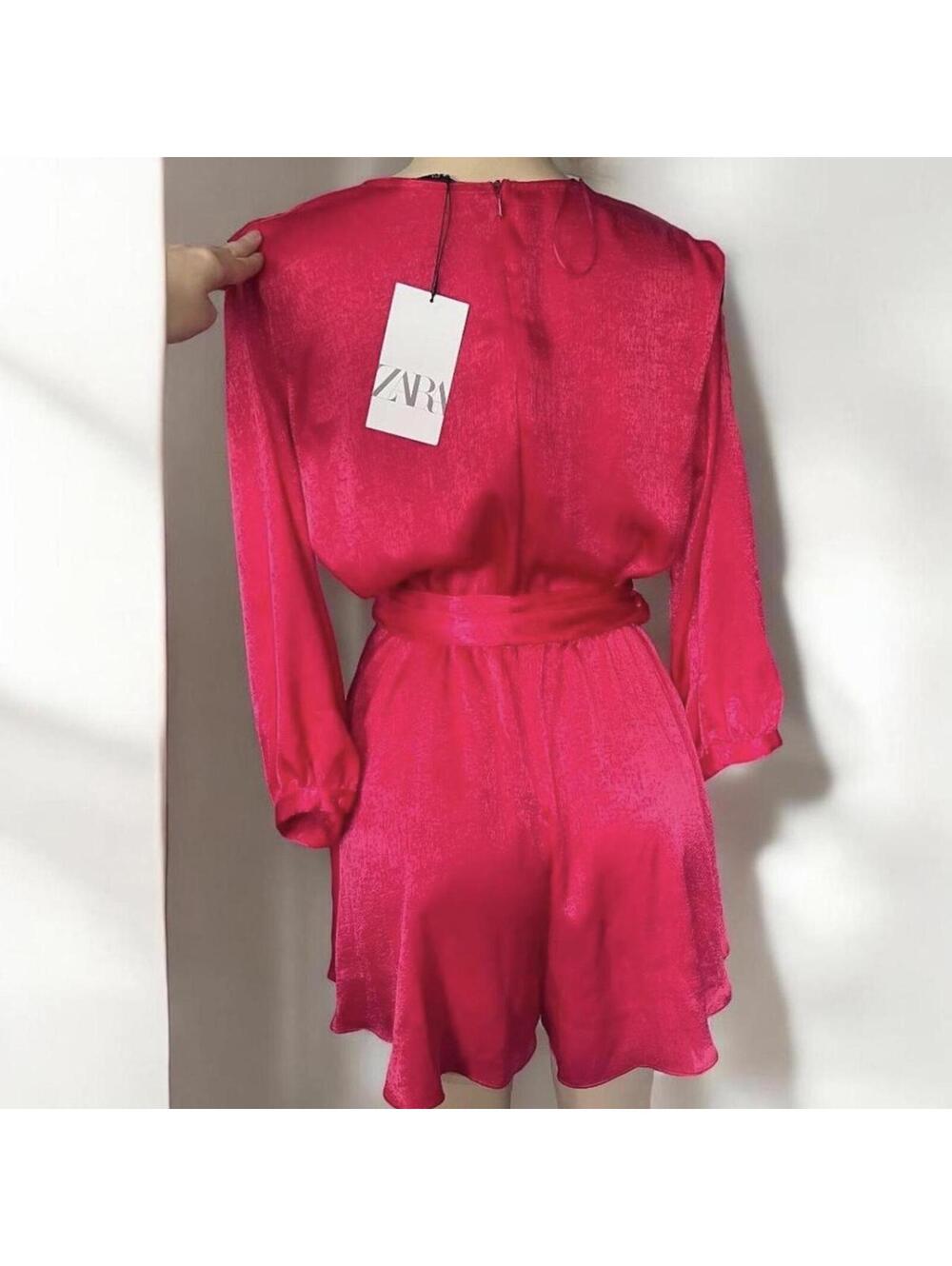 Zara Fuchsia Red Wrap Romper Long Sleeves Shimmering Belted Party (NWT) - Picture 5 of 8